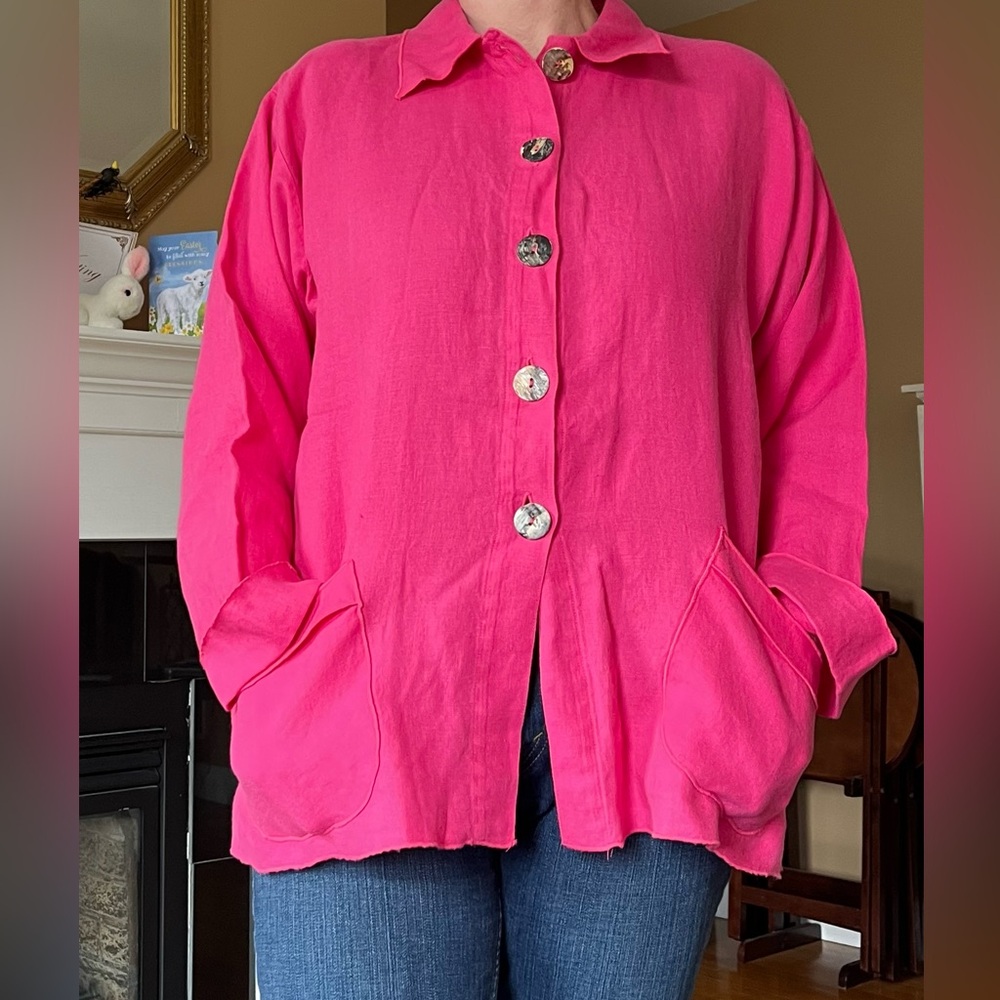 VTG  Pink Button-Up Linen artsy Jacket tunic pockets M/L Lagenlook Cottagecore